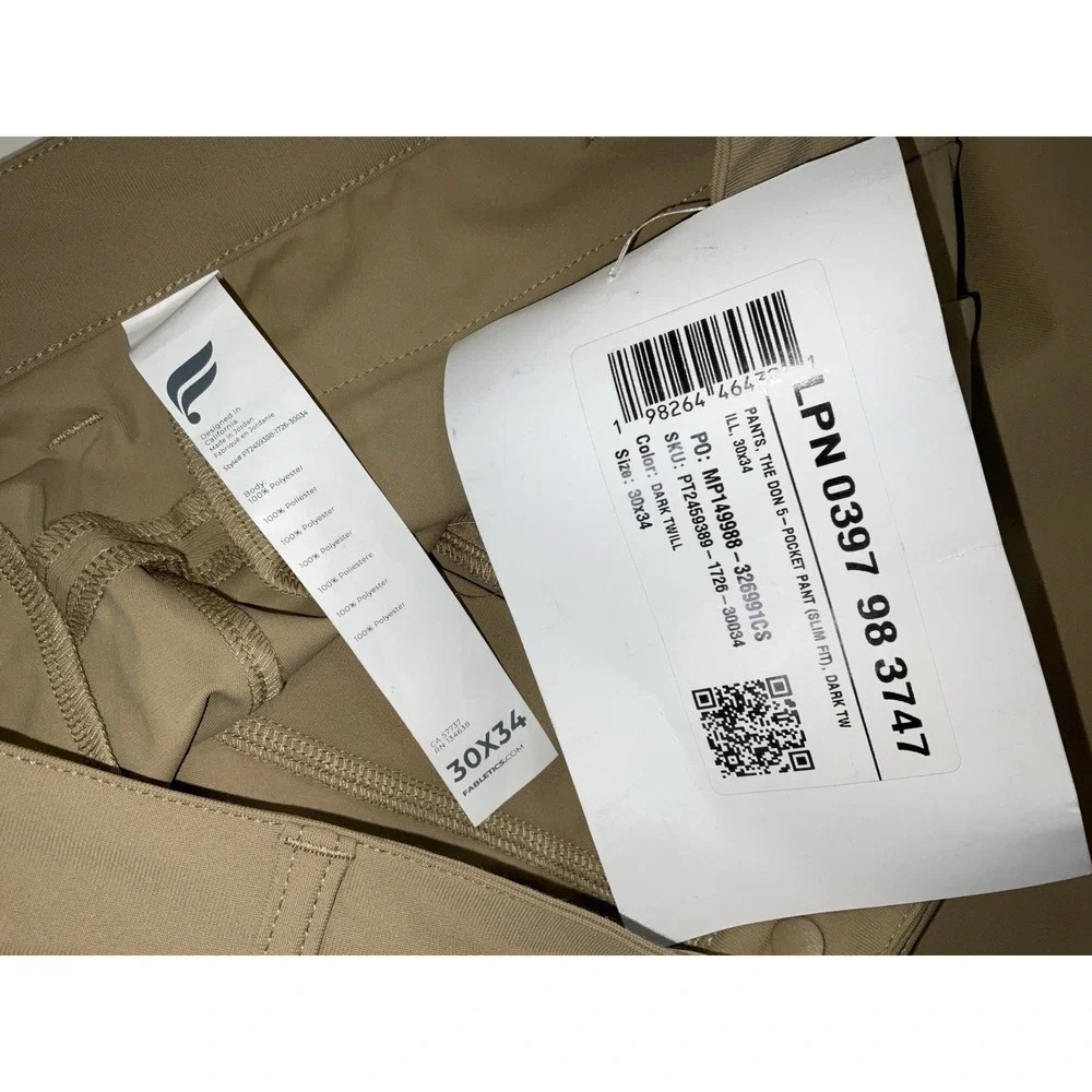 NWT Men's Fabletics The Don‎ 5 Pocket Trouser Pants Dark Twill 30 X 34 Slim Fit